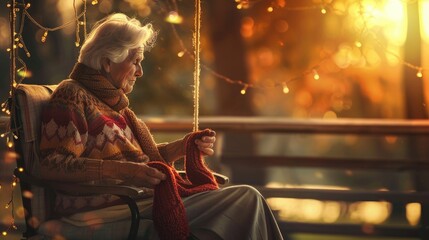 Tranquil Retirement: Woman Knitting on Porch Swing at Sunset
