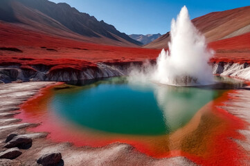 Landscape photo of Laguna Colorada red lake with dry vegetation and geysers at Andes mountains. Scenery view of Bolivia in natural wilderness. Bolivian nature landmarks concept. Copy ad text space