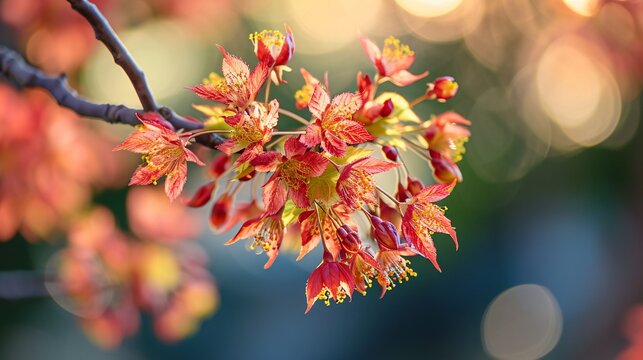 Macro shot of crimson foliage maple tree in bloom during spring with hazy backdrop.