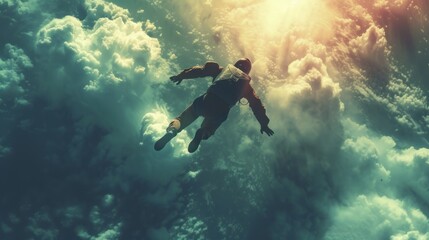 Skydiver in freefall high up in the air. - obrazy, fototapety, plakaty