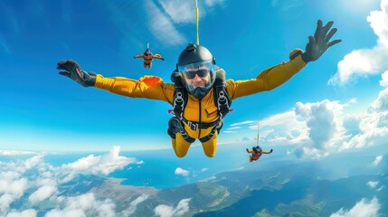 Skydiver in freefall high up in the air.