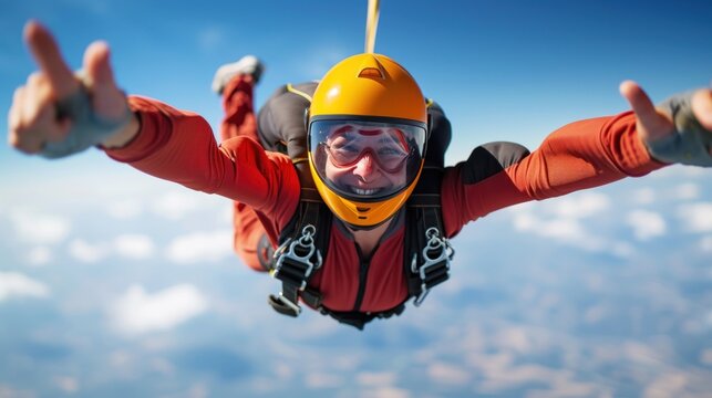 Skydiver in freefall high up in the air.