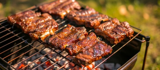 Beef and pork ribs are sizzling on an outdoor grill rack on the grass, cooking to perfection for a delicious outdoor cuisine experience