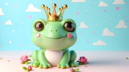3d cute Green frog with the golden crown on the pastel background. 29 february leap year day concept