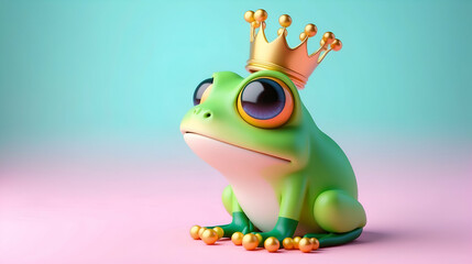 3d cute Green frog with the golden crown on the pastel background. 29 february leap year day concept