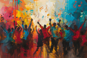 A groupe of people enthusiastically raising hands towards enchanting musical notes, set against a backdrop of a lively street parade, radiating exuberance and cultural vibrancy.