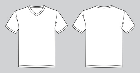 Blank white v-neck t-shirt template. Front and back view - obrazy, fototapety, plakaty