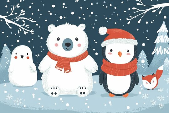 Cartoon cute doodles of winter wildlife, with characters like polar bears, penguins, and arctic foxes in snowy landscapes, Generative AI