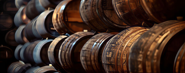 Close-up details of weathered whiskey barrels in a dimly lit aging facility, highlighting the texture and history of the barrels.