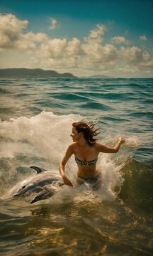 A photographic image of a playful lady swimming with dolphins in the ocean.
