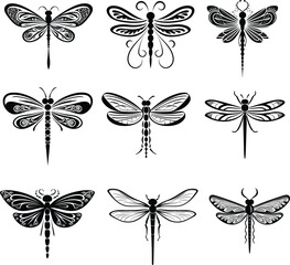dragonfly silhouette, logo, set vector illustration
