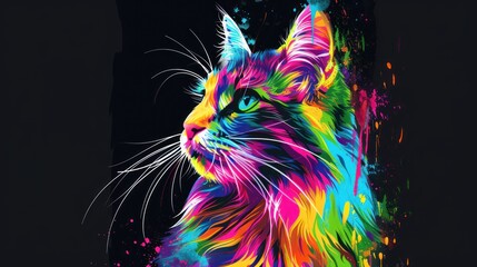  a close up of a cat with multicolored paint splatters on it's face and a black background.