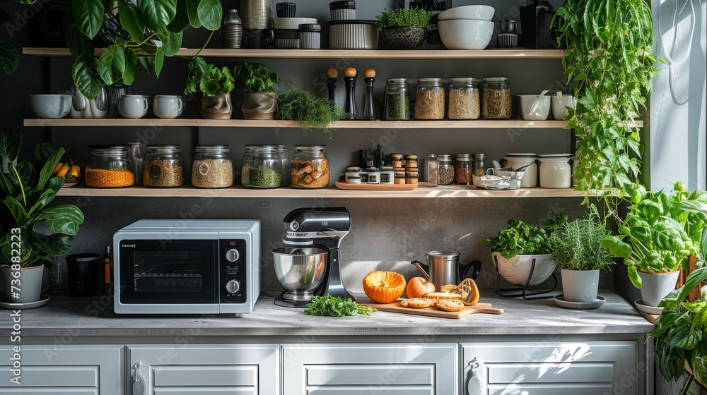 Poster a modern white custom shelving unit in a kitchen with open shelves and cabinets designed to fit the 