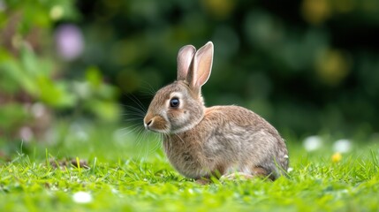  a brown rabbit sitting on top of a lush green grass covered field with a forest in the backround.
