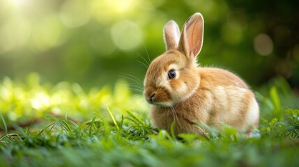 Fototapeta premium a rabbit is sitting in the grass and looking at the camera with a curious look on it's face.