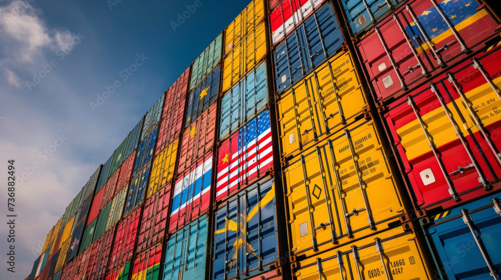 Poster a closeup of a shipping container bearing different country flags representing the multitude of nati