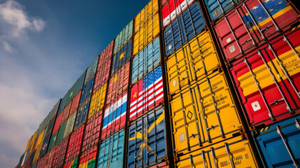 A closeup of a shipping container bearing different country flags representing the multitude of nations involved in import and export through the shipping industry.