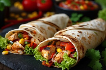 Authentic Mexican cuisine. Savory tortilla fajita wraps filled with chicken and fresh produce.