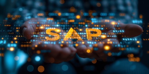 Global Business Solutions at Your Fingertips: A Futuristic Holographic Display of SAP Software, Symbolizing Advanced Enterprise Resource Planning, Generative AI