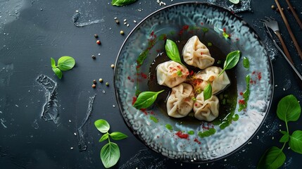 Traditional japanese Fried asian dumplings Gyozas potstickers on a white ceramic plate are served with a bowl of soy onion sauce over a white marble table. Close up. Asian dinner, top view
