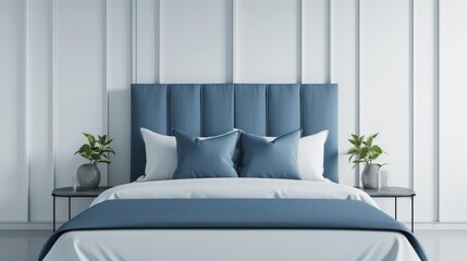  a bed with a blue upholstered headboard and two planters on each side of the headboard.