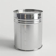 A white tin can, made of liquid metal in gray,' on a white background, embodying hyperrealism and photorealism.