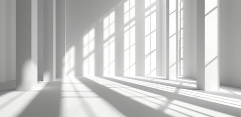 A white background is presented with sunlight falling on shadow vertical bars, as part of an indoor still life, showcasing the juxtaposition of hard and soft lines and naturalistic shadows. - obrazy, fototapety, plakaty