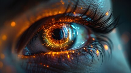 Close-up of a human eye with a futuristic cybernetic implant. Illuminated with digital overlays and neon lights.