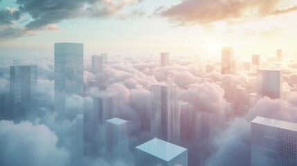 A cityscape with white cubes floating above the clouds and fog, showcasing minimalist stage designs, organic geometries, sculpture installations, and ethereal abstractions.
