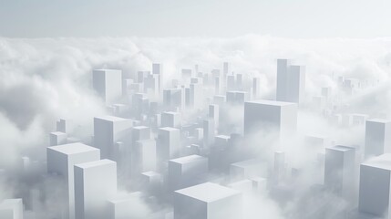 An abstract illusion of a city made of white blocks and clouds, featuring dusty piles and minimalist stage designs.