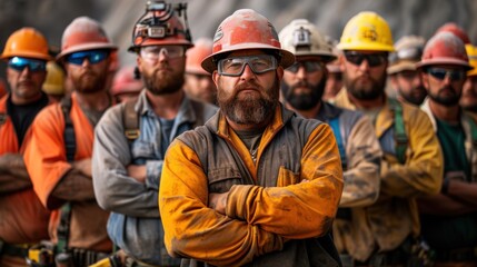 A handful of confident construction workers in safety gear stood with their arms crossed. It shows teamwork and professionalism in the industry.