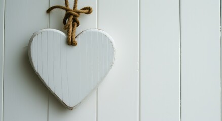 A heart-shaped plaque hangs on a rope, embodying minimalist backgrounds.