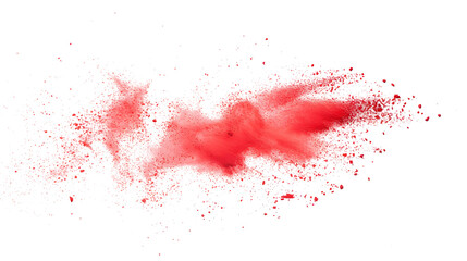 Red chalk pieces and dust flying, effect explode isolated on white - obrazy, fototapety, plakaty