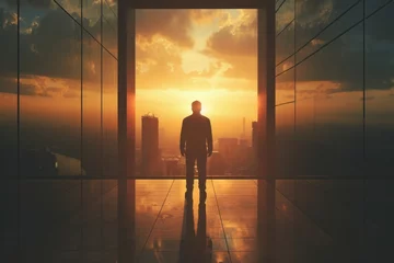 Tuinposter A man in silhouette standing outside an open door, featuring futuristic cityscapes, photorealistic landscapes, dramatic cityscapes, and interior scenes. © Duka Mer