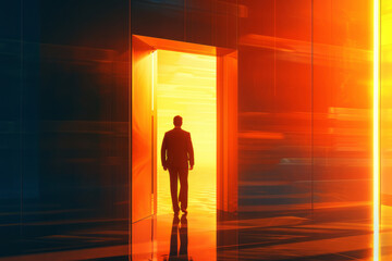 A man in silhouette standing outside an open door, featuring futuristic cityscapes, photorealistic landscapes, dramatic cityscapes, interior scenes, and spectacular backdrops.