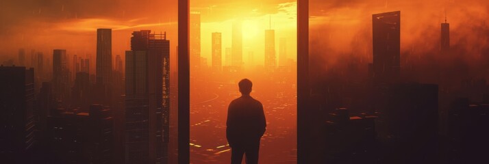 A man standing in the doorway with his back to a cityscape and sun reflection, featuring realistic forms, dark, foreboding landscapes, and artificial environments.