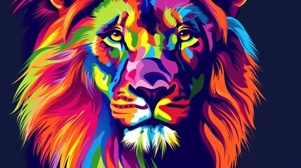  a close up of a lion's face with multicolored lines on it's face and a black background.