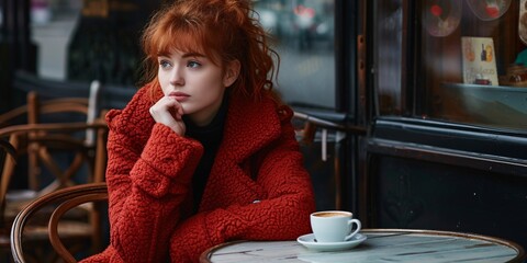 Fashionable redhead female wearing red coat and sipping coffee at a Parisian caf√© during the fall. - Powered by Adobe