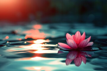 A pink flower floating on the surface of a pond at sunset, featuring hyper-realistic animal illustrations, mystical realms, and photo-realistic elements in dark teal and light red. - Powered by Adobe