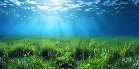Fototapeta na wymiar Sunlight Dances through the Depths of the Ocean, Illuminating the Vibrant Seagrass in a Peaceful Underwater Meadow, Generative AI