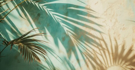 A shadow of palm leaves is cast over a wall, featuring a motion blur panorama, minimalistic...