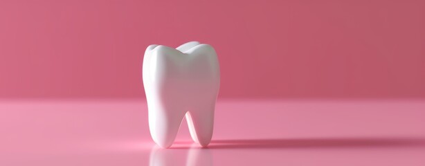 A small model tooth is presented on a pink base, with a motion blur panorama, embodying still life simplicity.