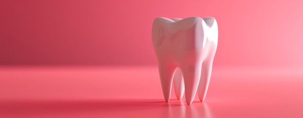 A small model tooth is presented on a pink-based background, embodying a simple style.