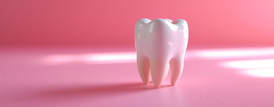 A small model tooth is presented on a pink-based background, embodying a simple style.