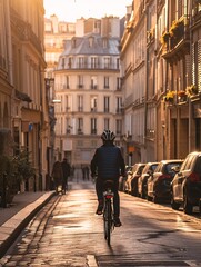 Unrecognizable man biking along a Parisian road.
