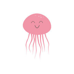 Cute pink jellyfish in flat kawaii style on a white background. Sea character, for children's clothing, card, print, summer design.
Underwater animal isolated on white background, vector eps 10.