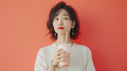 A woman drinking a milkshake with a straw, embodying Japanese minimalism and ballet academia, with...