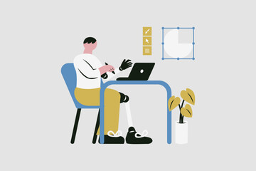 Disabled Man Working Remotely on Computer Vector Illustration