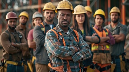 Fototapeta premium A handful of confident construction workers in safety gear stood with their arms crossed. It shows teamwork and professionalism in the industry.