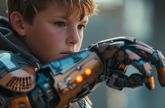 A young boy wearing a robotic arm, featuring photorealistic portraits, a spontaneous gesture, and superheroes in dark cyan and light amber.